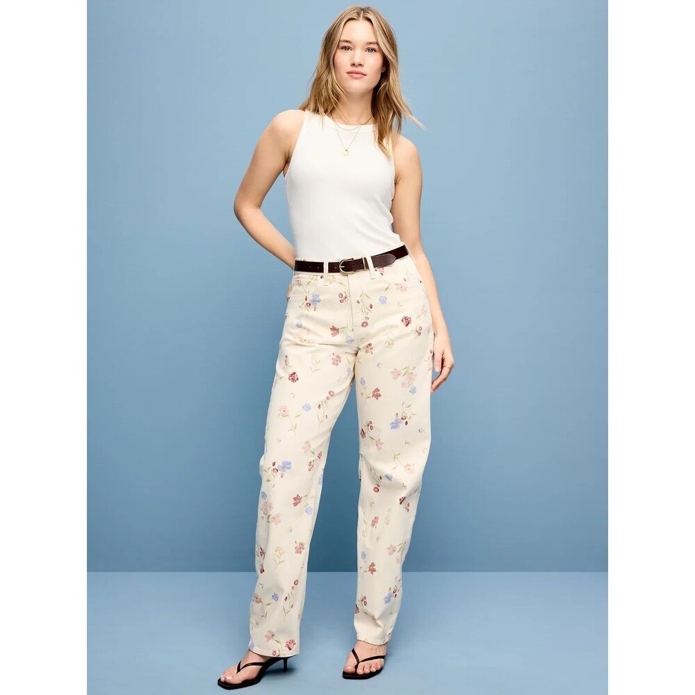 Old Navy Baggy Barrel Jeans Womens 6 Tall Ecru Floral High Rise Stretch NEW